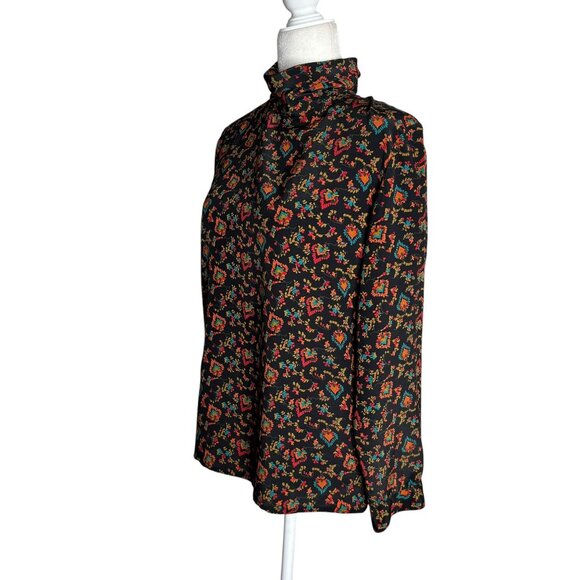 Vintage 80s Impressions Floral Blouse Size Med Mock Neck Buttons Long Sleeves - Picture 3 of 7